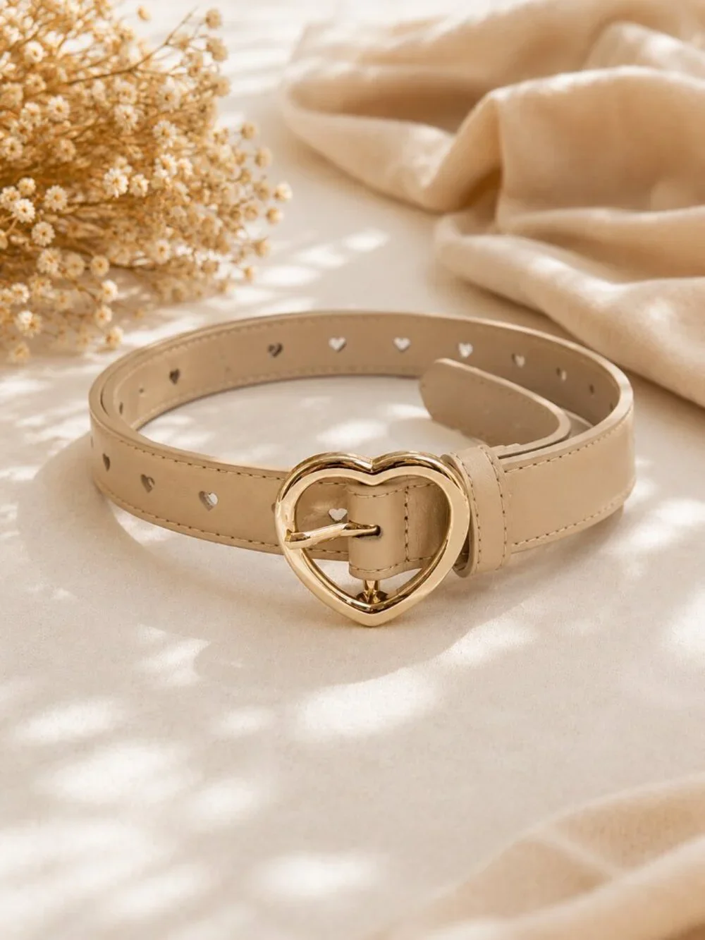 Beige Belt Heart Cutouts Gold Buckle Size 31 Inches